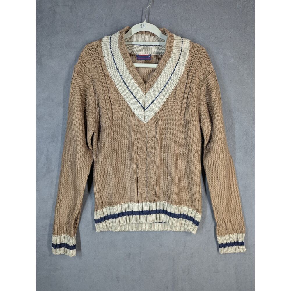 Himalaya Sweater Mens Small Beige Brown Chunky Rib Knit V-Neck